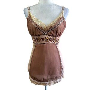 Pretty Angel Fairy Tan Earth Bejeweled Whimsy Lace Tank Top